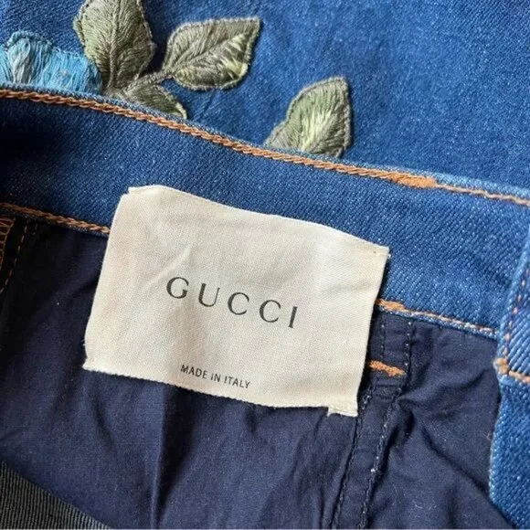 Gucci Floral-Embroidered Stretch Denim Jeans
